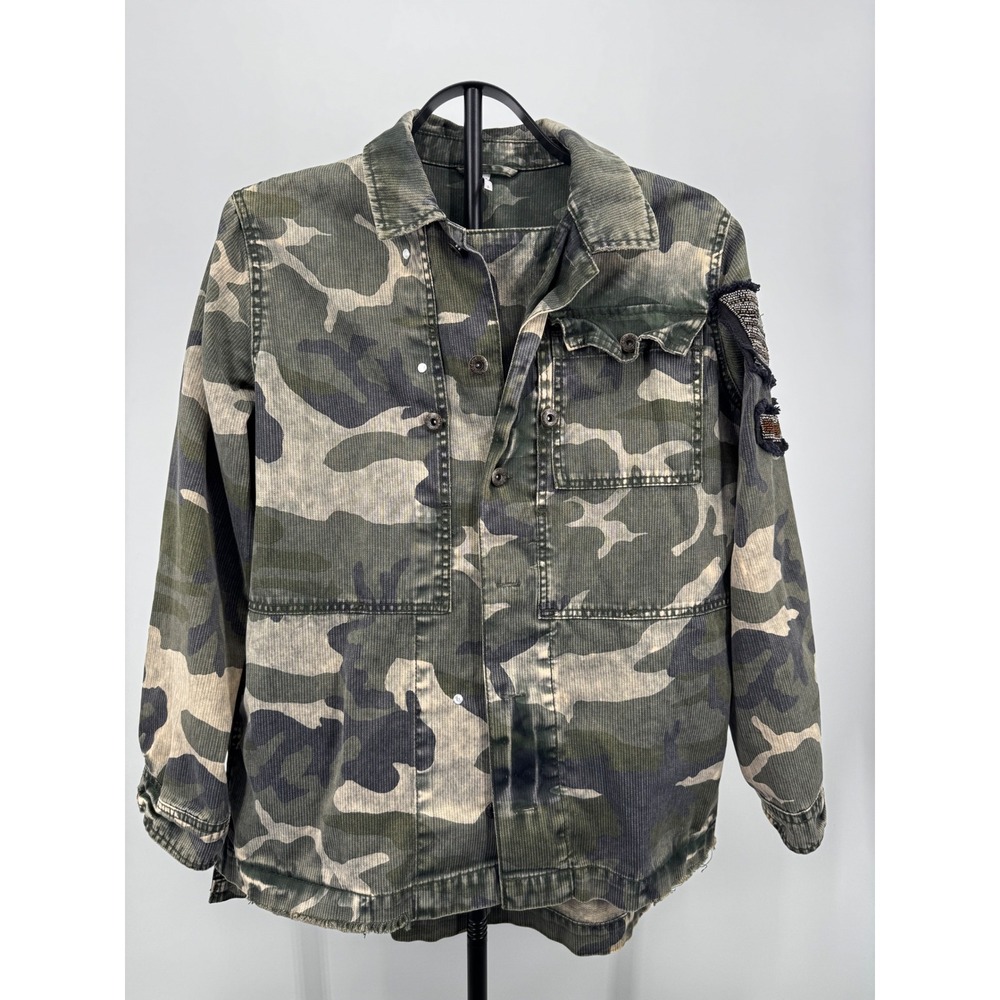 Free People Camo Utility Jacket Beaded Eagle Patch Corduroy Herringbone Green S